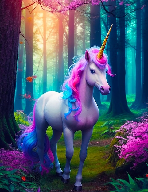 Bellissimo unicorno nella magica foresta colorata generata dall'intelligenza artificiale