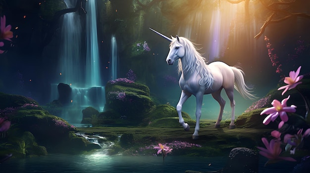 Bellissimo unicorno sullo sfondo di una foresta magica IA generativa