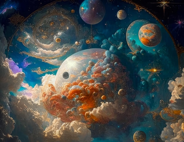 Bellissimo universo fantasy con nebulose stellari di pianeti e comete illustrazione generata dall'intelligenza artificiale