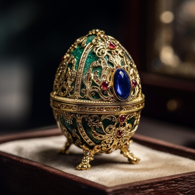 Bellissimo uovo d'oro Fabergé decorato con pietre preziose primo piano