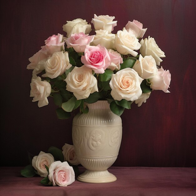 Bellissimo vaso rose bianche e rosa fiori composizioni floreali AI Generato art