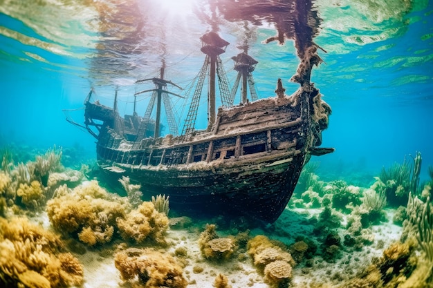 Bellissimo veliero in legno affondato sul fondo dell'oceano tra coralli magici e barriere coralline primo piano estremo IA generativa