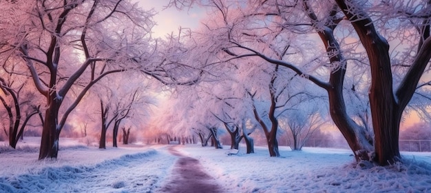 Bellissimo vicolo nel parco in inverno con alberi coperti di neve e ghiaccio colorati di blu e rosa
