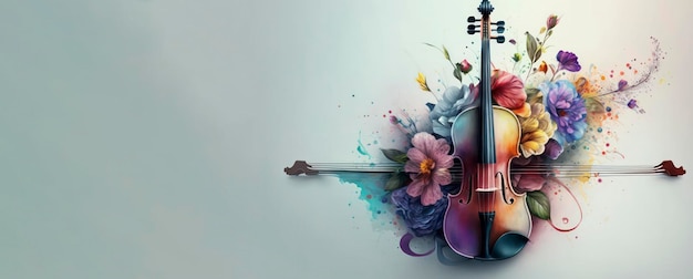 bellissimo violino con fiore colorato rustico in sfondo pastello per banner del festival musicale