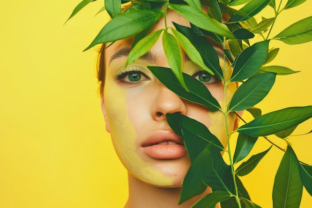 Bellissimo volto femminile con foglie verdi su sfondo pastello