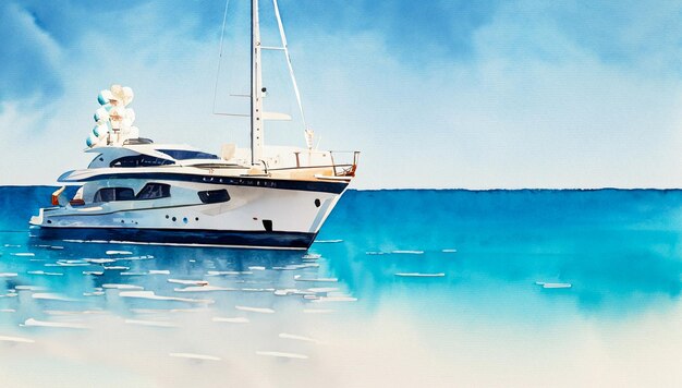 Bellissimo yacht di lusso ad acquerello sopra l'acqua dell'oceano sfondo generativo Ai