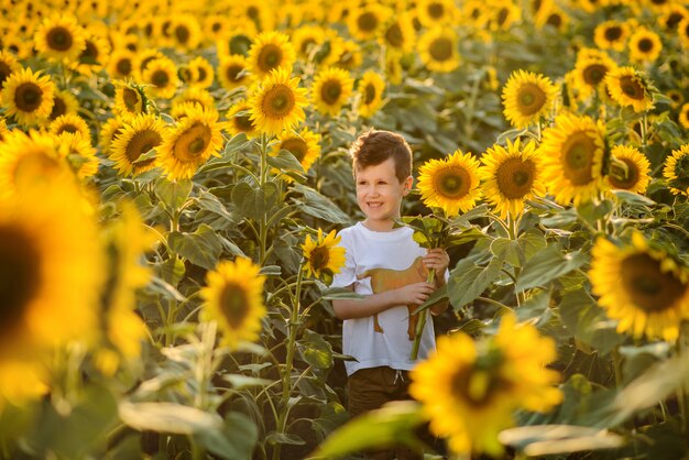 Bello bambino con il girasole nel campo di estate