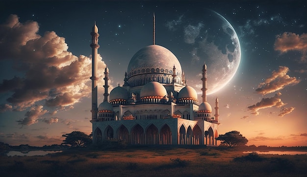 Bello cielo di tramonto del paesaggio della moschea per l'illustrazione islamica del manifesto del fondo