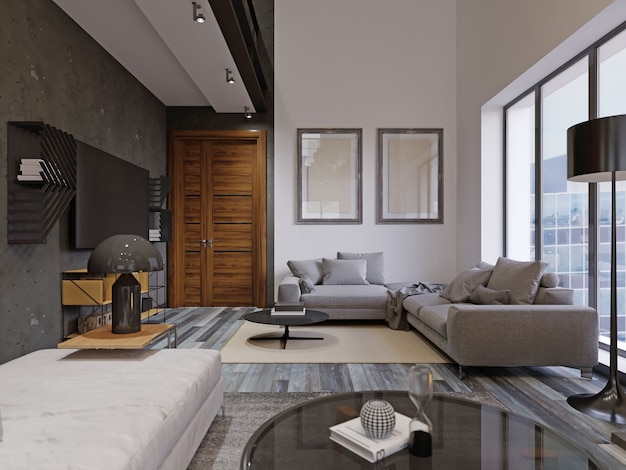 Bello e grande design hipster soggiorno interno con pavimenti in legno e soffitto a volta in una nuova casa di lusso. ingresso e secondo soppalco. rendering 3D.