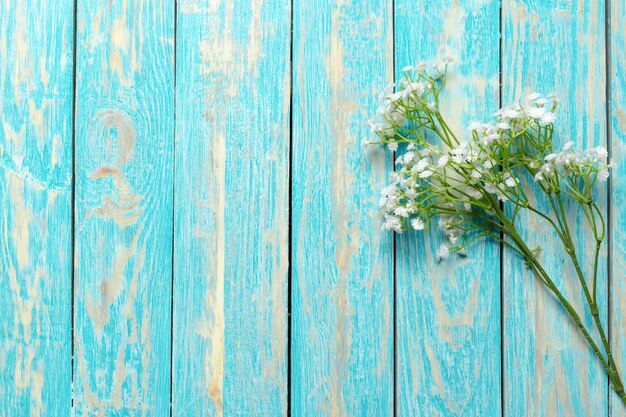 Bello fiore fresco sulla tavola di legno, vista superiore