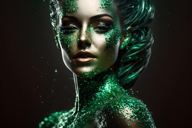 Bello fronte della donna con trucco artistico di scintillii verdi
