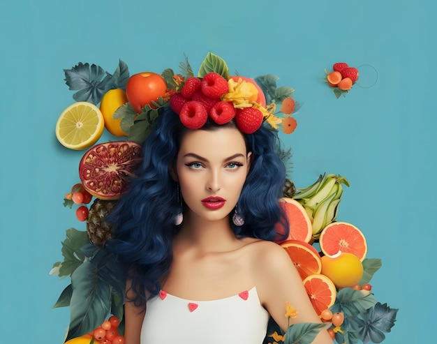 Bello fronte sano della donna con i frutti nella sua illustrazione creativa capa