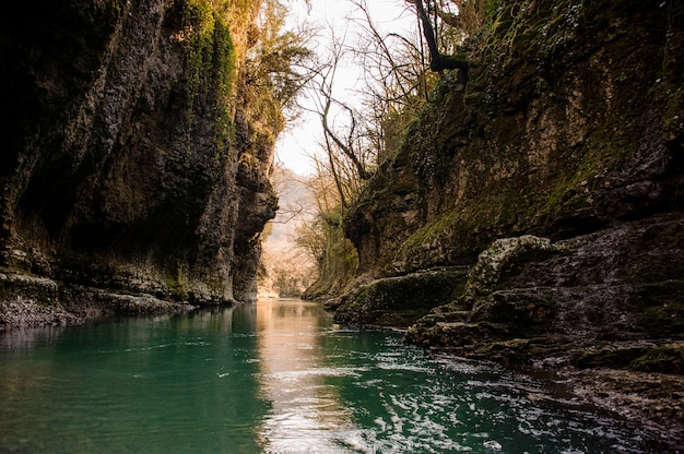 Bello paesaggio del fiume verde della montagna che scorre fra le rocce in canyon di Martvili