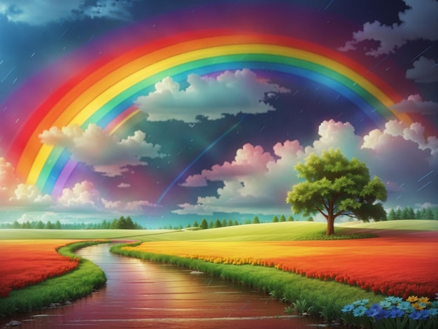 Bello paesaggio variopinto dell'arcobaleno del tempo della pioggia della natura di estate