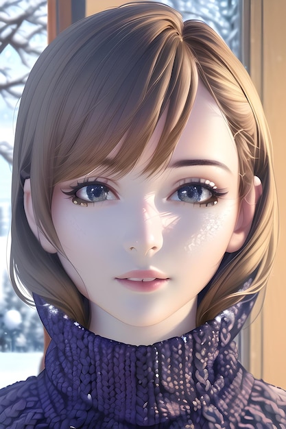Bello ritratto della donna nell'albero di natale di inverno nell'illustrazione della pittura digitale di stile di anime