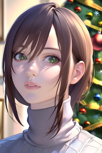 Bello ritratto della donna nell'albero di natale di inverno nell'illustrazione della pittura digitale di stile di anime