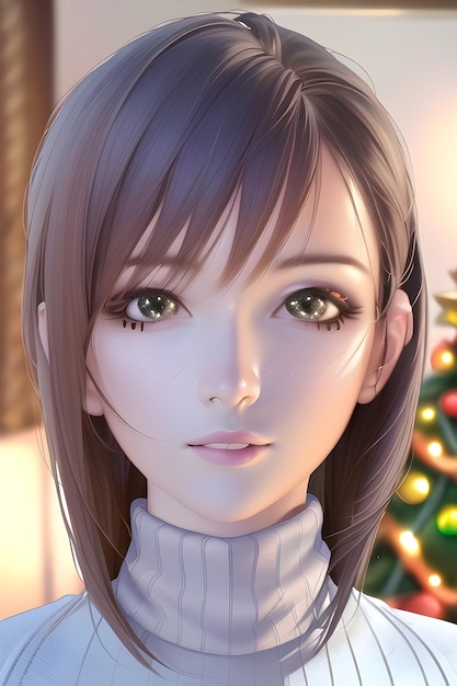 Bello ritratto della donna nell'albero di natale di inverno nell'illustrazione della pittura digitale di stile di anime