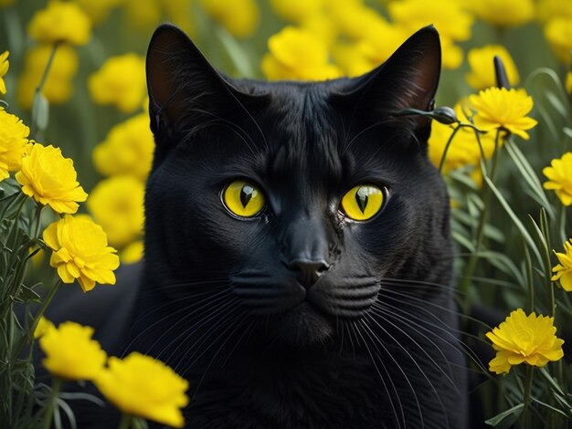 Bello ritratto sveglio del gatto nero di bombay con gli occhi gialli che si trovano in fiori bianchi rosa della margherita del giardino i