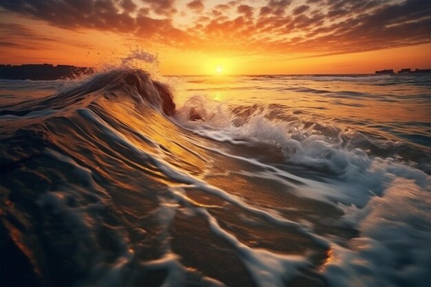 Bello scatto delle onde del mare sotto il sole che splende durante l'oro