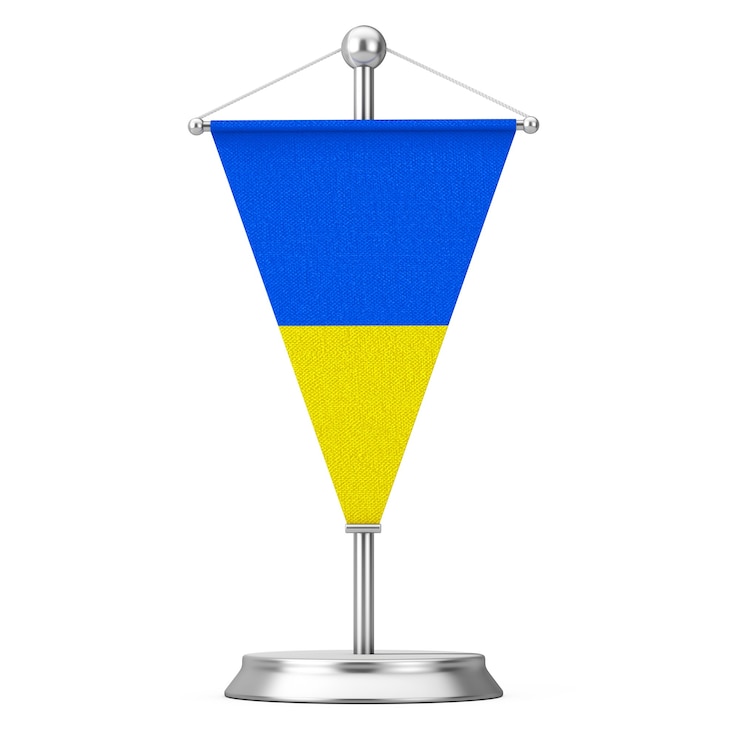 Photo bendera meja ukraina dari kain di alas menara baja di atas latar belakang putih. rendering 3d