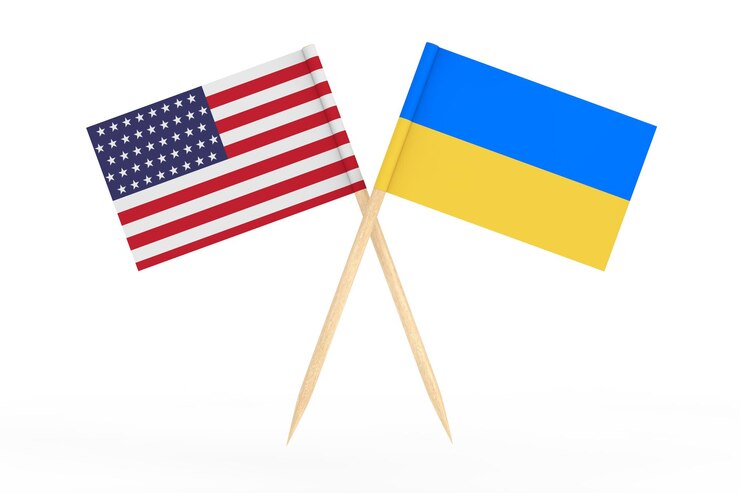 Photo bendera penunjuk kertas mini ukraina dan as dengan latar belakang putih rendering 3d