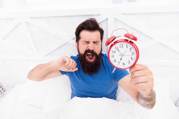 Benefici per la salute di alzarsi presto Svegliarsi presto dà più tempo Uomo barbuto hipster a letto con sveglia È ora di svegliarsi Abitudini sane Inizio di una giornata fantastica Sveglia presto ogni mattina