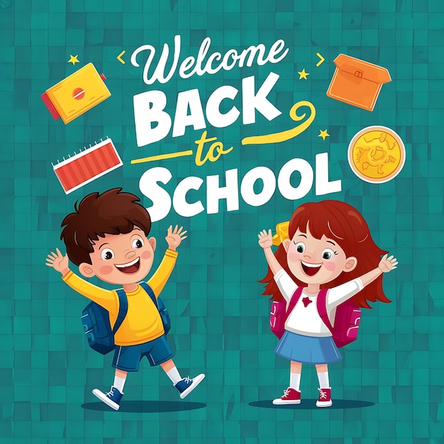 Benvenuti di nuovo a scuola lettering design allegro ragazzo e ragazza