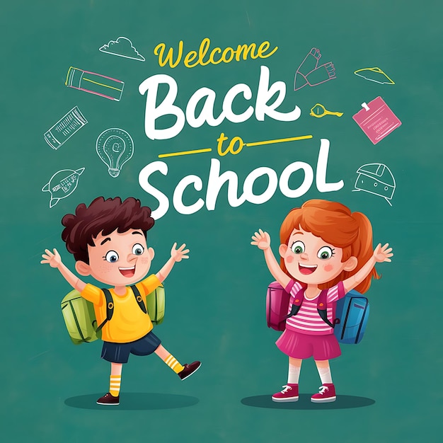 Benvenuti di nuovo a scuola lettering design allegro ragazzo e ragazza