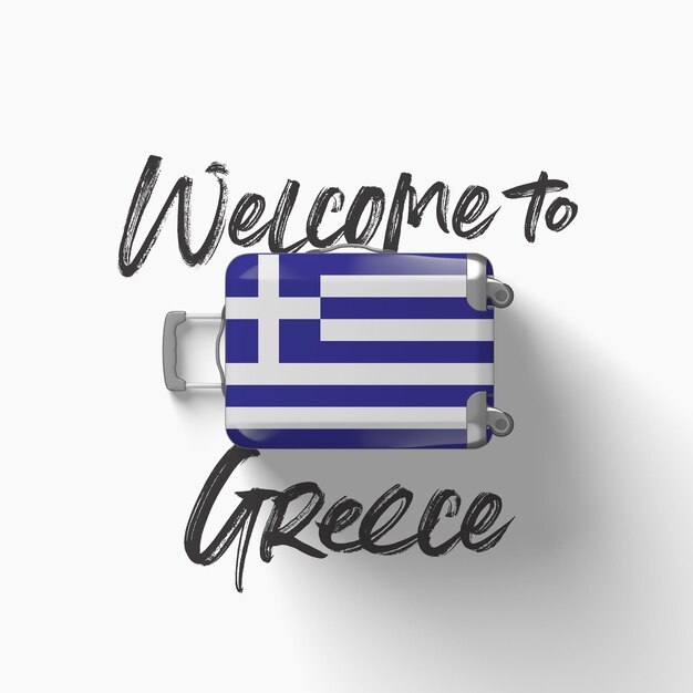 Benvenuti in grecia bandiera nazionale su una valigia da viaggio d render