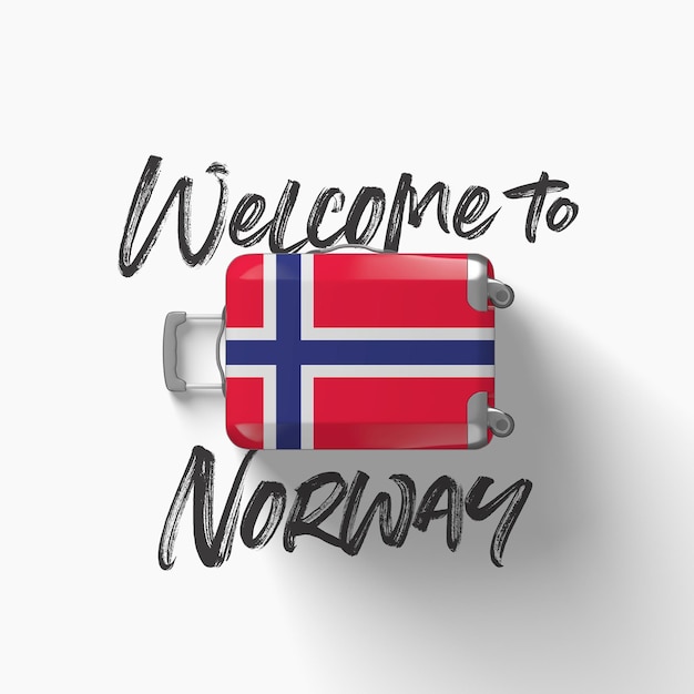 Benvenuti in Norvegia bandiera nazionale su una valigia da viaggio d render