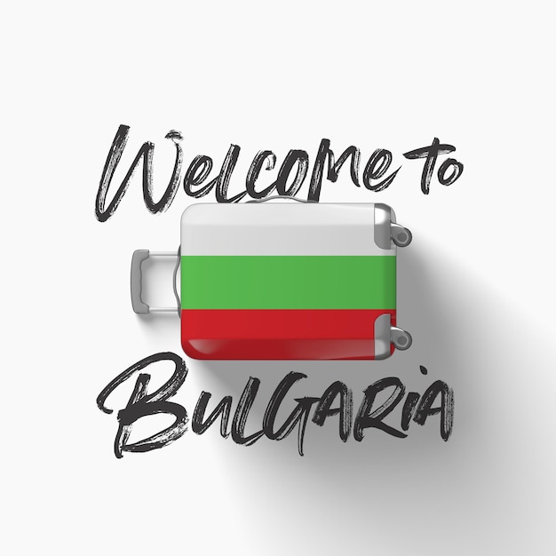 Benvenuti nella bandiera nazionale della Bulgaria su una valigia da viaggio d render