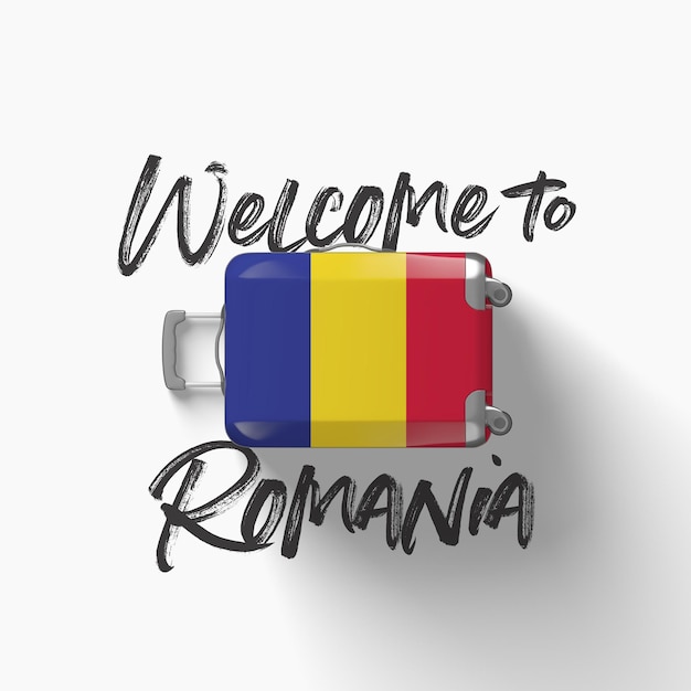 Benvenuti nella bandiera nazionale della romania su una valigia da viaggio d render