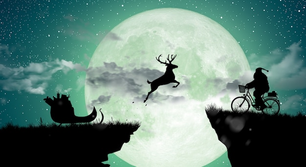 Benvenuto buon Natale e felice anno nuovo Silhouette Deer che salta attraverso il divario a Babbo Natale