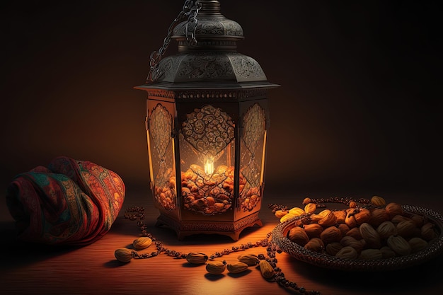 Benvenuto in condizioni di scarsa illuminazione per il Ramadan e l'Eid con date di lanterna e perline del rosario