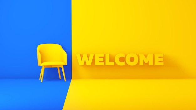 Benvenuto nella squadra Nuovo lavoro sedia gialla su uno studio blu giallo sfondo concetto di business 3D