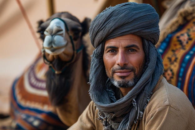 Berbero con la barba e il turbante seduto nel deserto in compagnia dei suoi cammelli