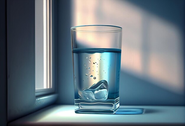 Bere acqua attraverso un bicchiere di acqua nello stile del grigio chiaro e azzurro AI generativa