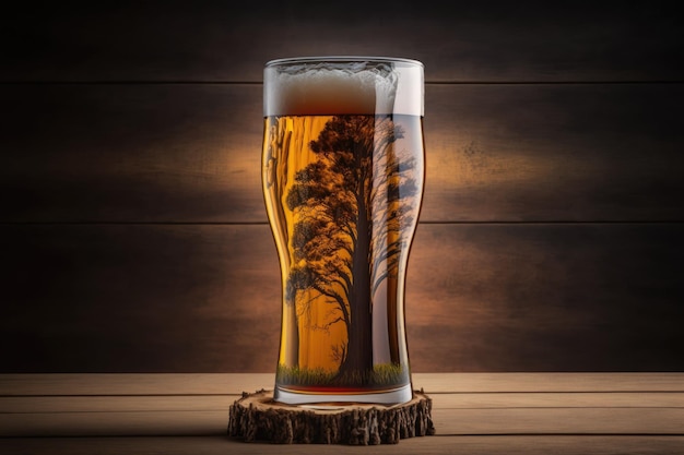 Bere birra da un bicchiere ad albero su un tavolo di legno copiato lo spazio