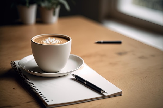 Bere caffè durante la pianificazione della giornata Minimal Studio Mockup con tazza di cappuccino su notebook Pausa caffè freelance