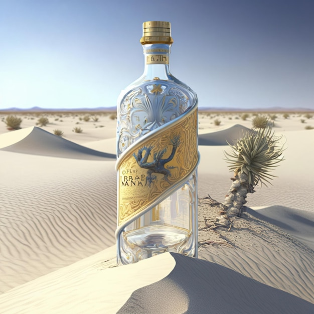 bere in mezzo al deserto, vodka sulla duna di sabbia con erba e palme