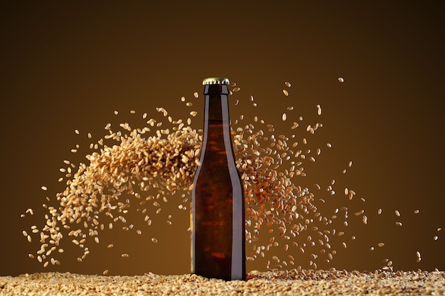 Bere serie di modelli. Bottiglia di birra marrone con riflessi su uno sfondo terra d'ombra da studio con chicchi di grano molto sparpagliati. Mockup pronto per l'uso sul tuo design.