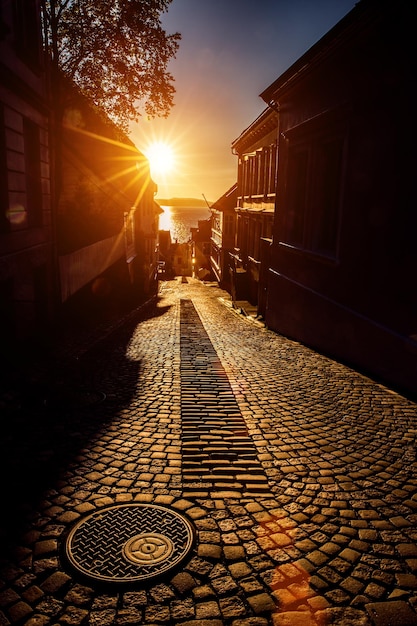 Bergen Street al tramonto in Norvegia