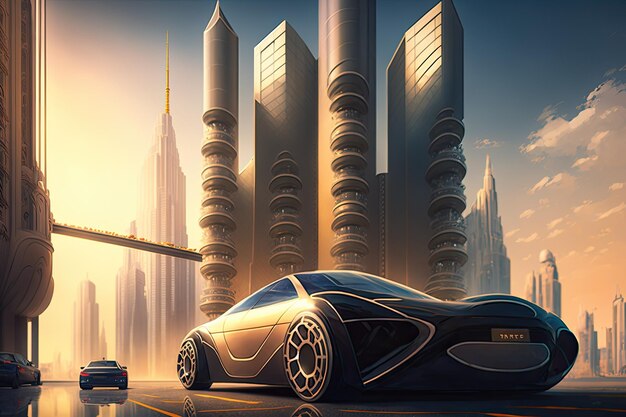 Berlina di lusso tra i grattacieli torreggianti nel paesaggio urbano futuristico