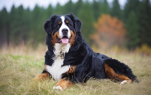 Bernese Mountain Dog è seduto sull'erba nel parco pubblicità professionale ai generato