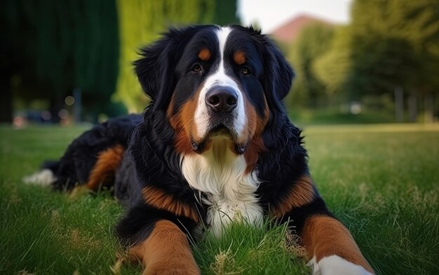 Bernese Mountain Dog è seduto sull'erba nel parco pubblicità professionale ai generato