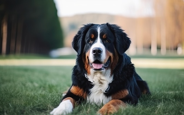 Bernese Mountain Dog è seduto sull'erba nel parco pubblicità professionale ai generato