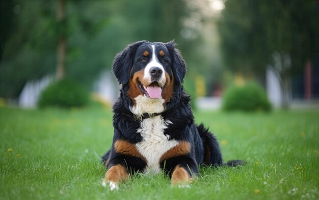 Bernese Mountain Dog è seduto sull'erba nel parco pubblicità professionale ai generato