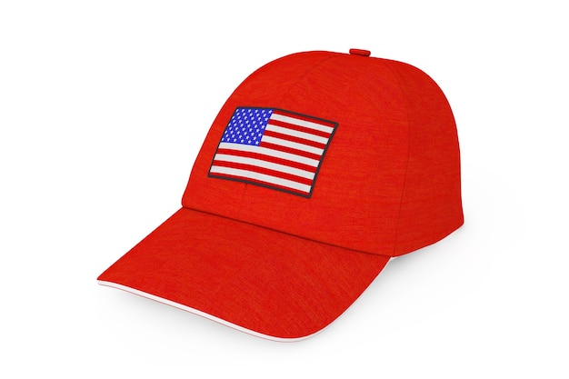 Berretto da baseball rosso con bandiera USA su sfondo bianco. Rendering 3D.