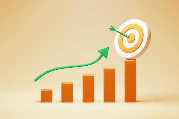 Bersaglio del bersaglio e design 3D realistico della freccia. Sviluppo aziendale e concetto di successo