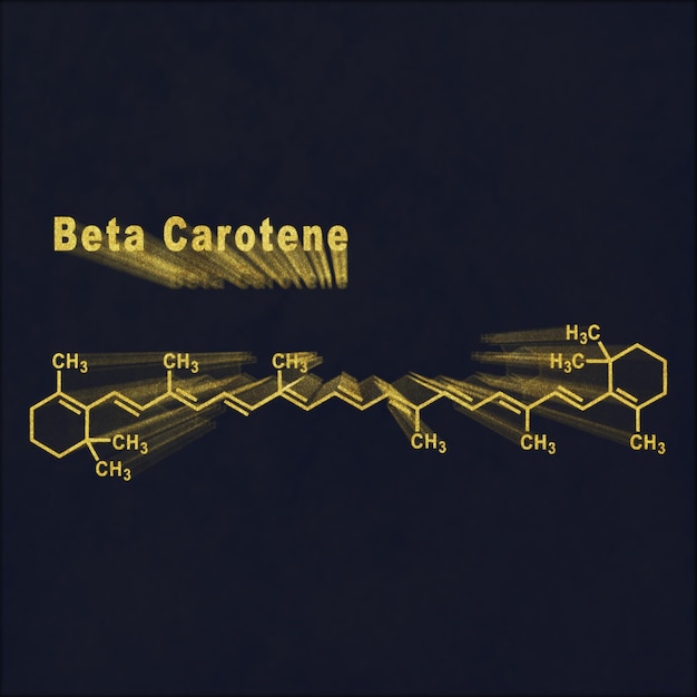 Beta carotene, formula chimica strutturale oro su fondo scuro